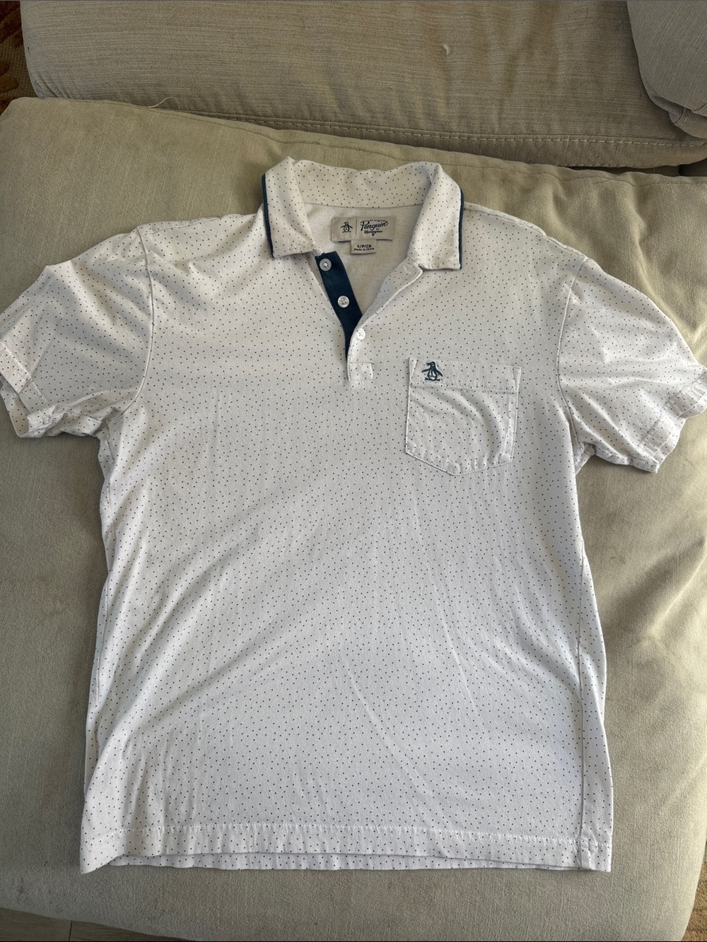 Original Penguin White Polo with Navy Accent and Micro Dot Print
